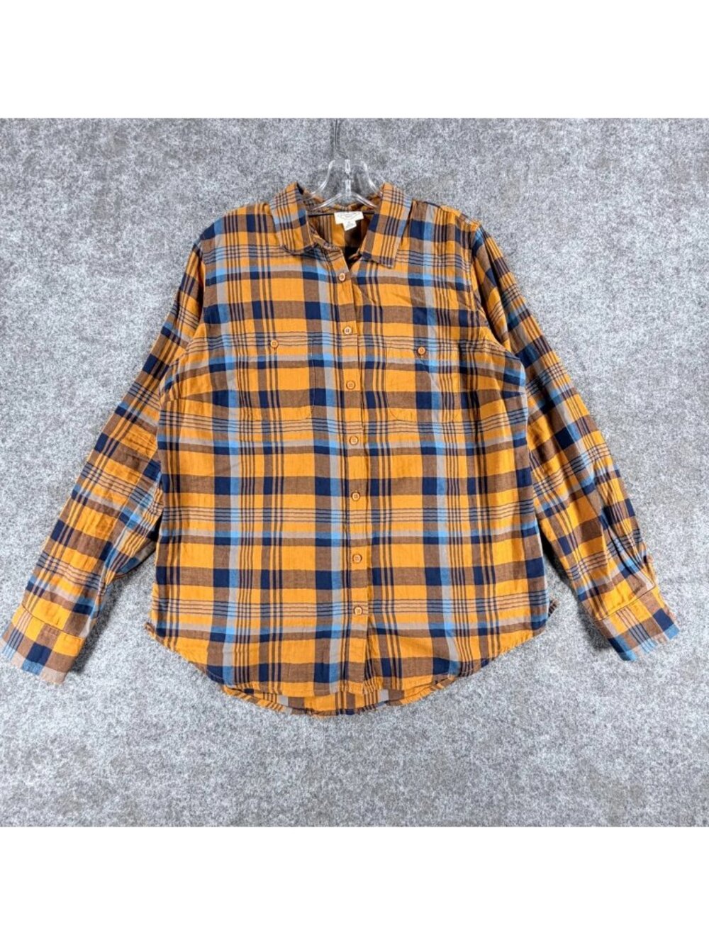 St Johns Bay Button-Up Shirt Mens M Yellow Blue Plaid Classic Regular Pockets